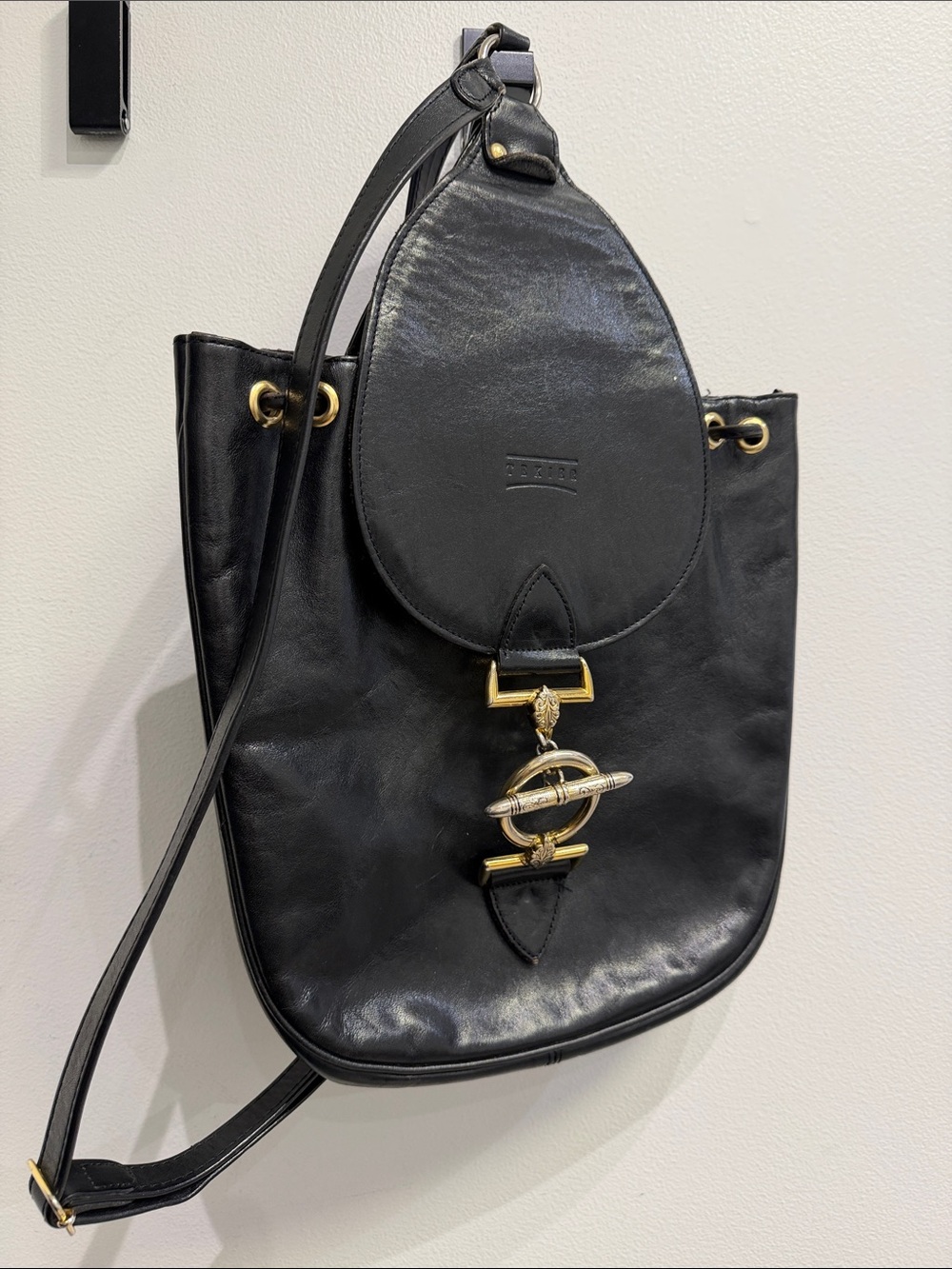 TEXIER Black Leather Shoulder Bag with Gold Hardware France